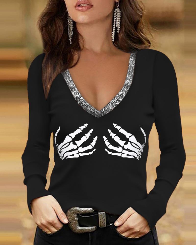 

Halloween Skeleton Print Long Sleeve Top, Black