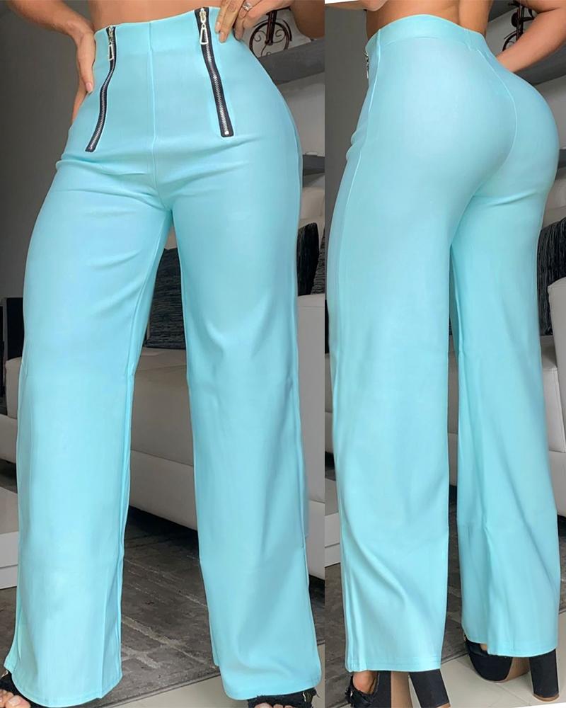 

Zipper Design High Waist Wide Leg Pants, Lighted blue