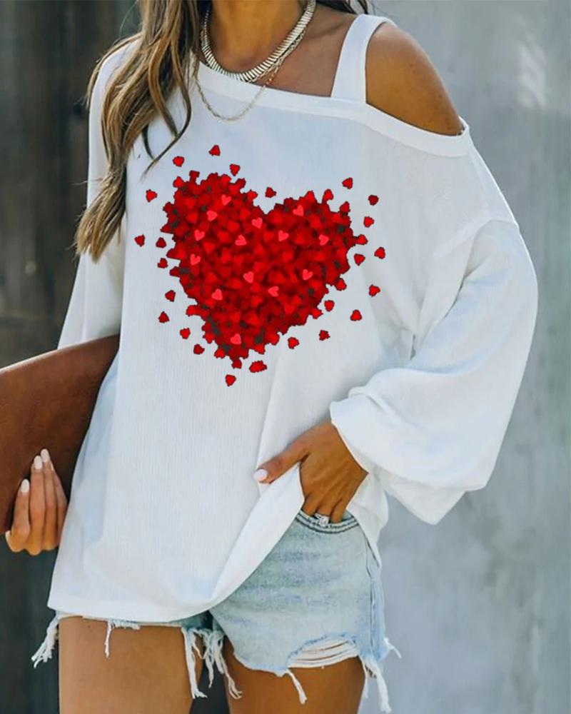 

Valentine' Day Heart Print Cold Shoulder Top, White