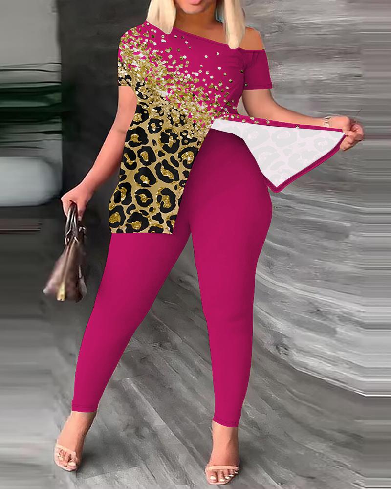 

Plus Size Contrast Leopard Print Skew Neck Slit Top & Pants Set, Rose red