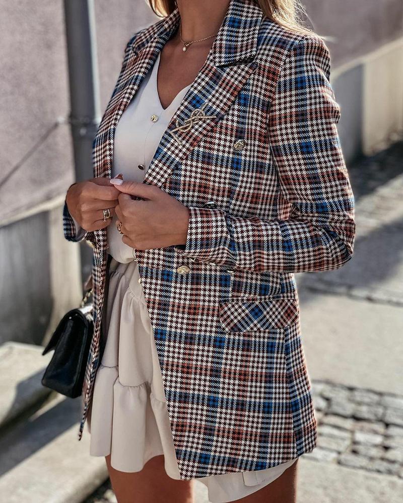 

Plaid Lapel Collar Double Breasted Flap Detail Blazer, Multicolor