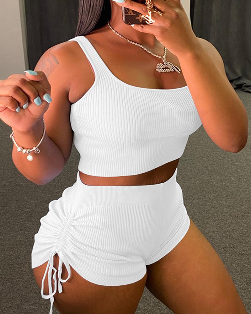 

Ribbed Crop Tank Top & Drawstring Ruched Shorts Set, White