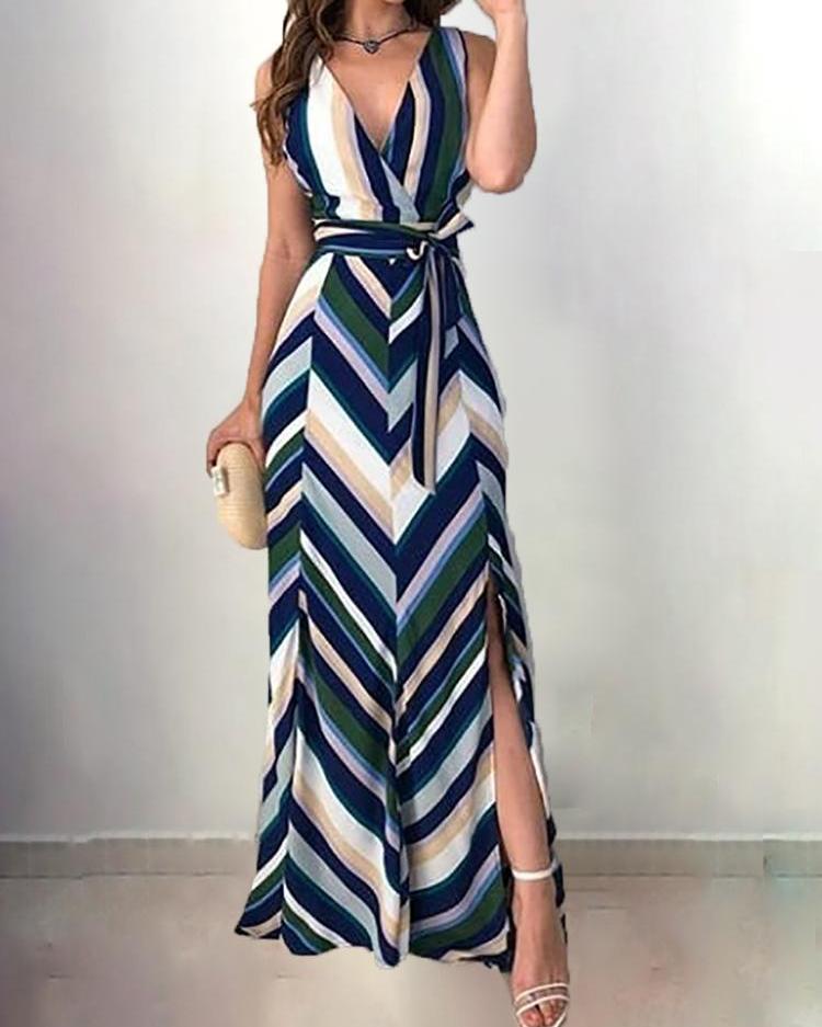 

Chevron Stripes Backless Belted Slit Maxi Dress, Multicolor