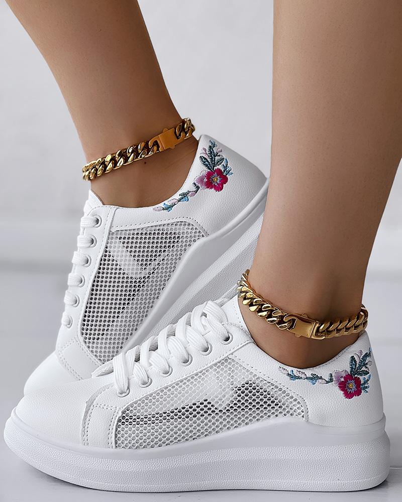 

Floral Embroidery Hollow Out Platform Casual Sneakers, Pink&white