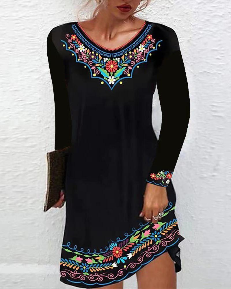 

Tribal Print Long Sleeve Casual Dress, Black