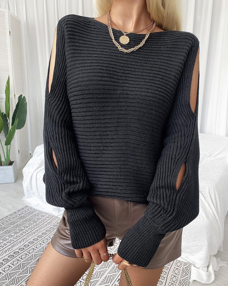 

Lantern Sleeve Cutout Knit Casual Sweater, Black