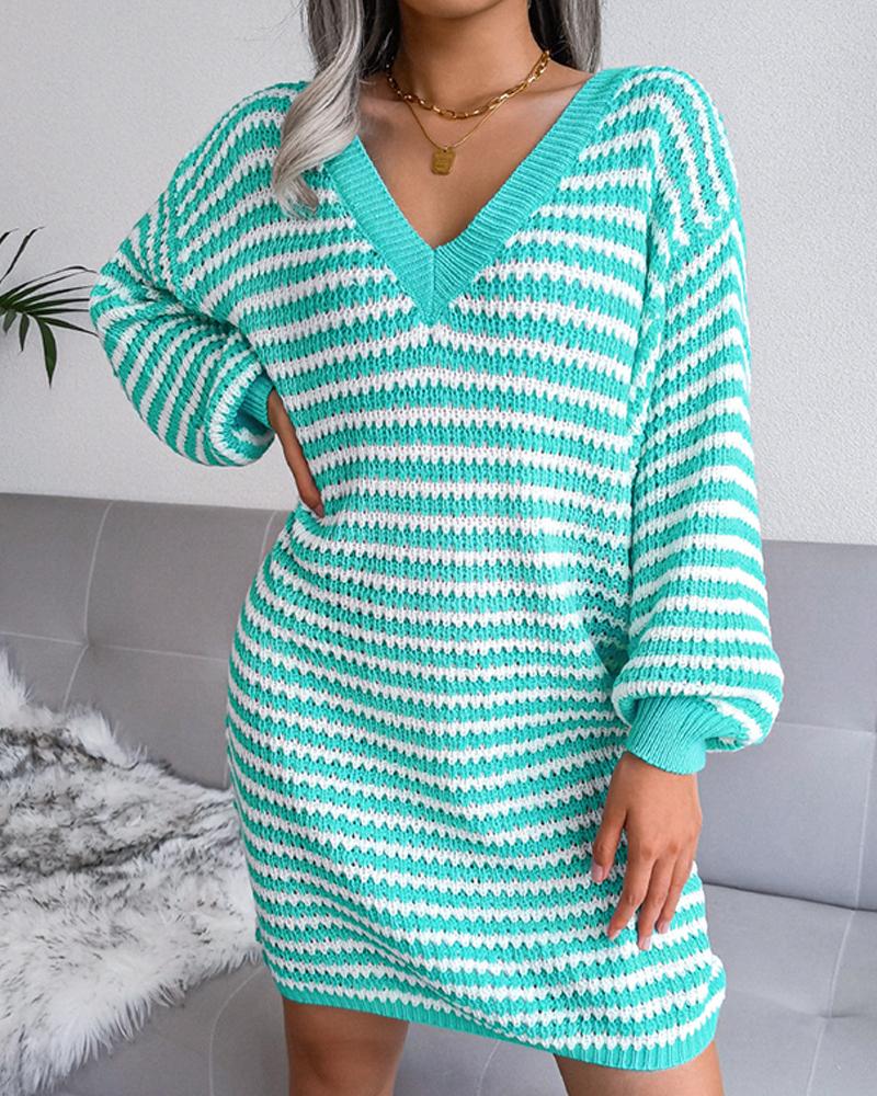 

Striped Deep Lantern Sleeve Casual Sweater Dress, Turquoise blue