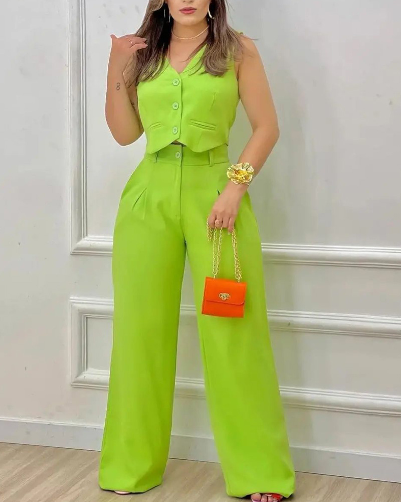 

Sleeveless Buttoned Crop Top & High Waist Pants Set, Green