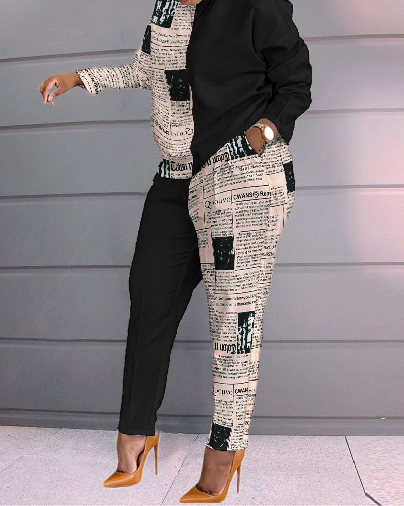 

Newspaper Print Long Sleeve Top & Pants Set, Black