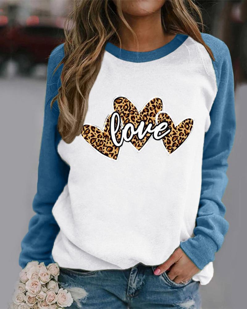 

Valentine' Day Letter Heart Print Raglan Sleeve Sweatshirt, Blue