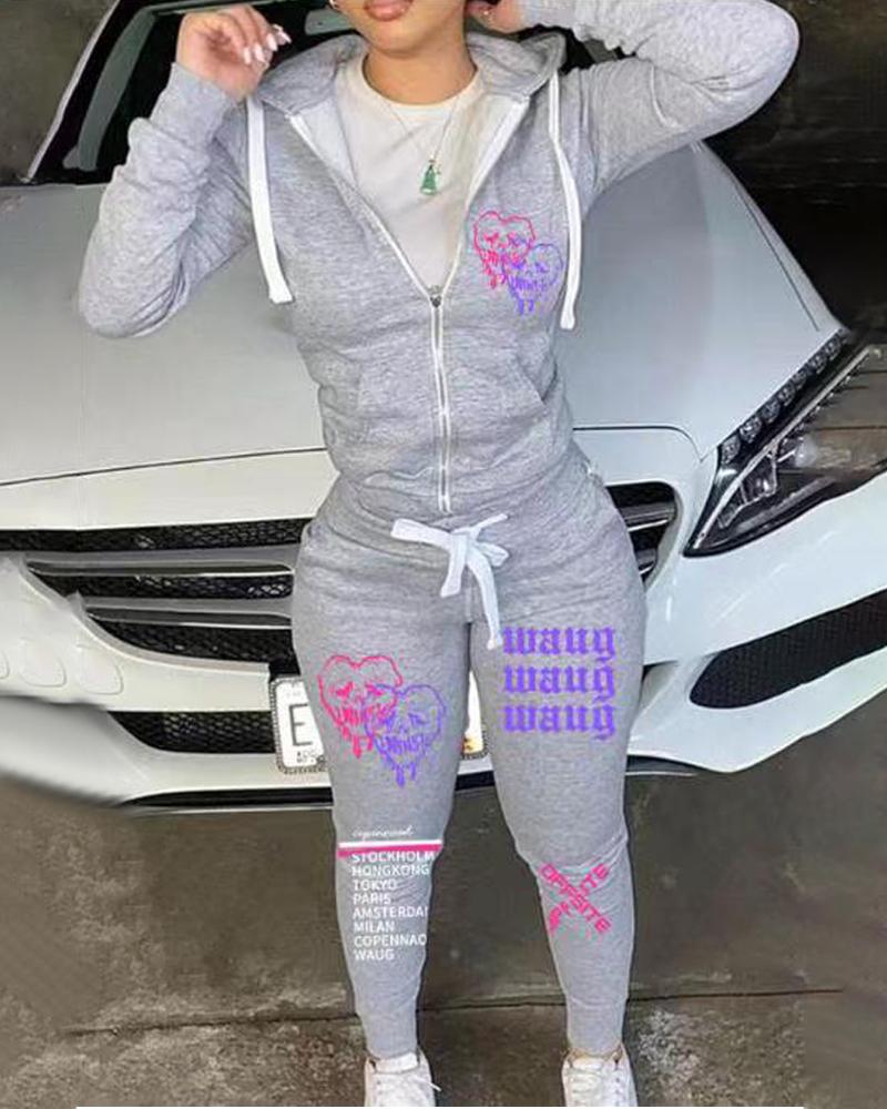 

Letter Heart Print Long Sleeve Zip Up Top & Pants Set, Gray