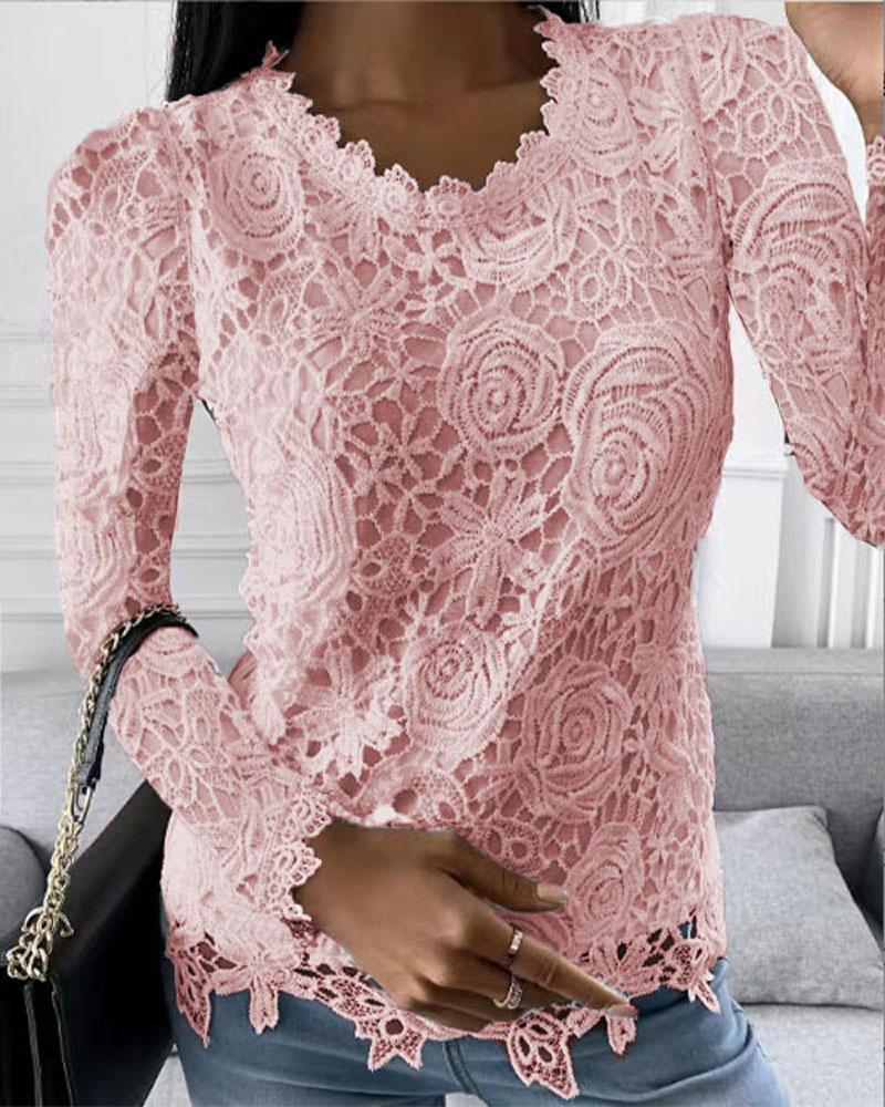 

Plain Long Sleeve Lace Top, Pink