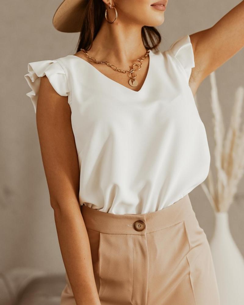 

Ruffles Sleeveless V-Neck Casual T-shirt, White