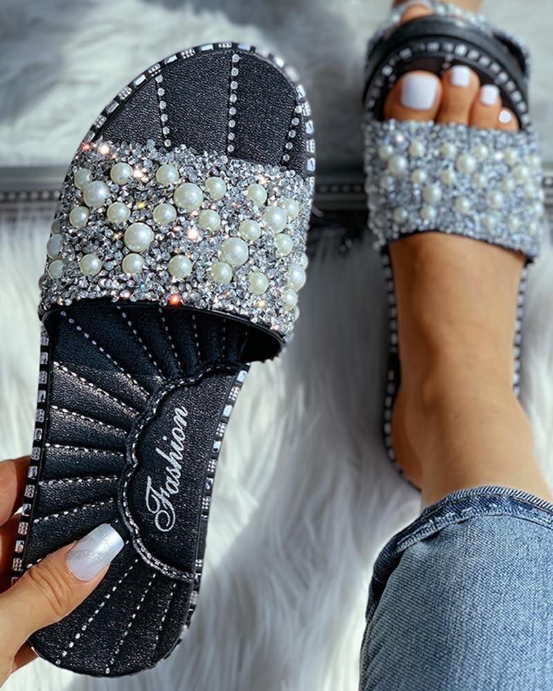 

Open Toe Beaded Rhinestone Pattern Flat Slippers, Silver