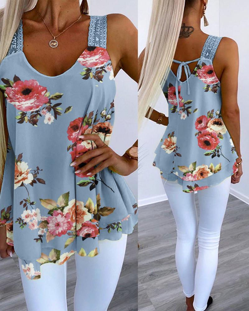 

Floral Print Contrast Lace Layered Chiffon Tank Top, Blue