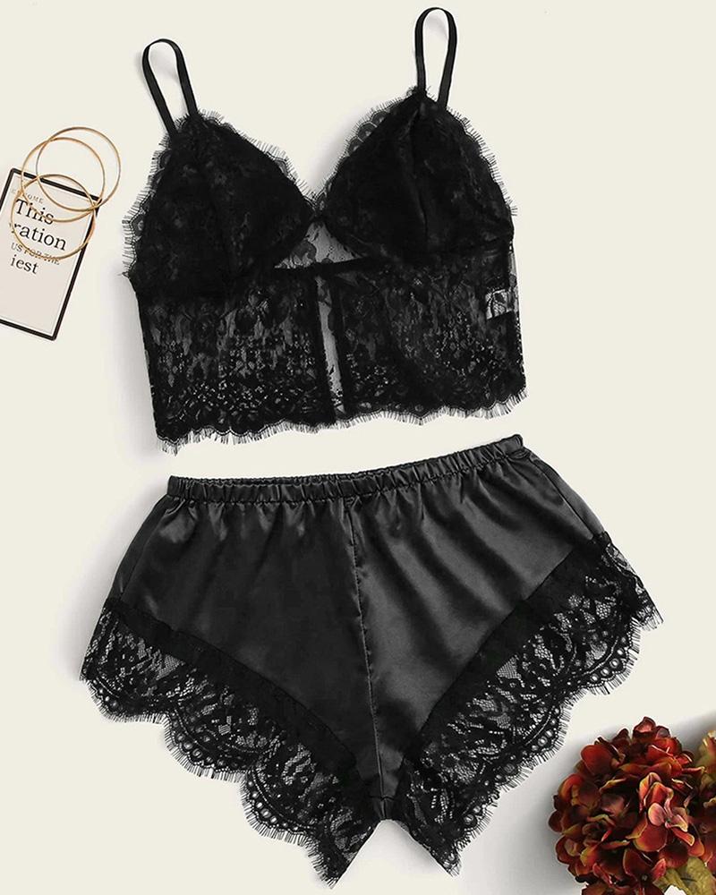 

Eyelash Lace Satin Cami Set, Black