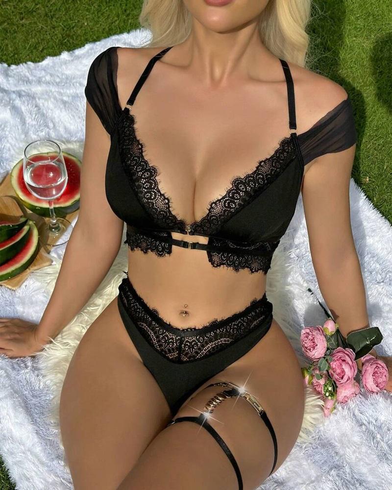 

Sheer Mesh Lace Patch Lingerie Set, Black