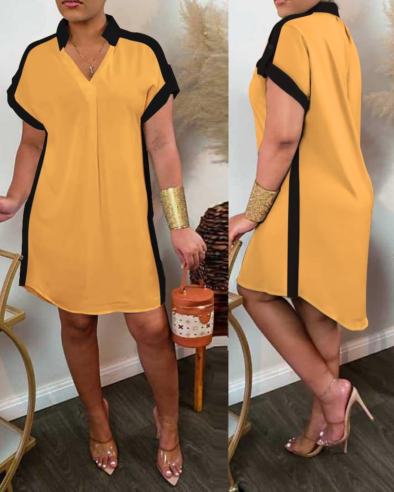 

Contrast Binding Roll Up Sleeve Curved Hem Shirt Dress, Yellow