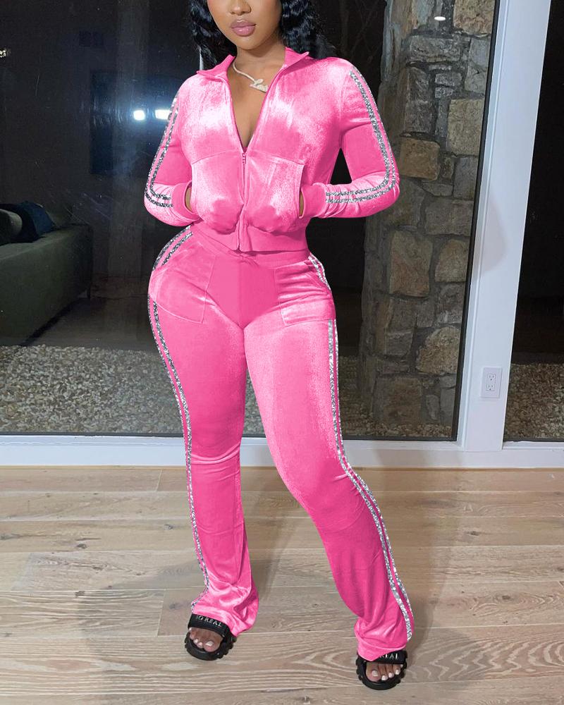 

Velvet Tape Patch Zip Up Top & Pants Set, Pink