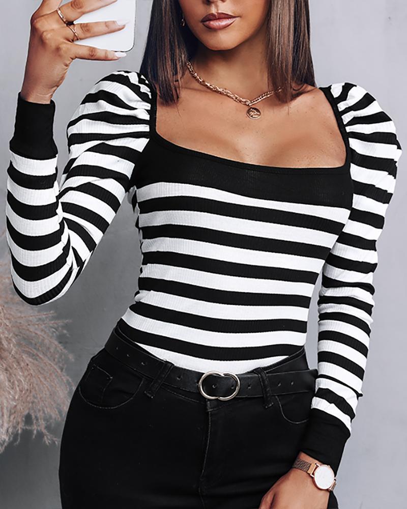 

Striped Print Puff Sleeve Square Neck Top, Black