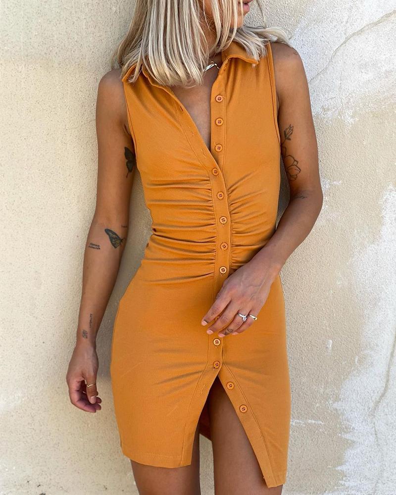

Button Design Sleeveless Ruched Shirt Dress, Dark yellow