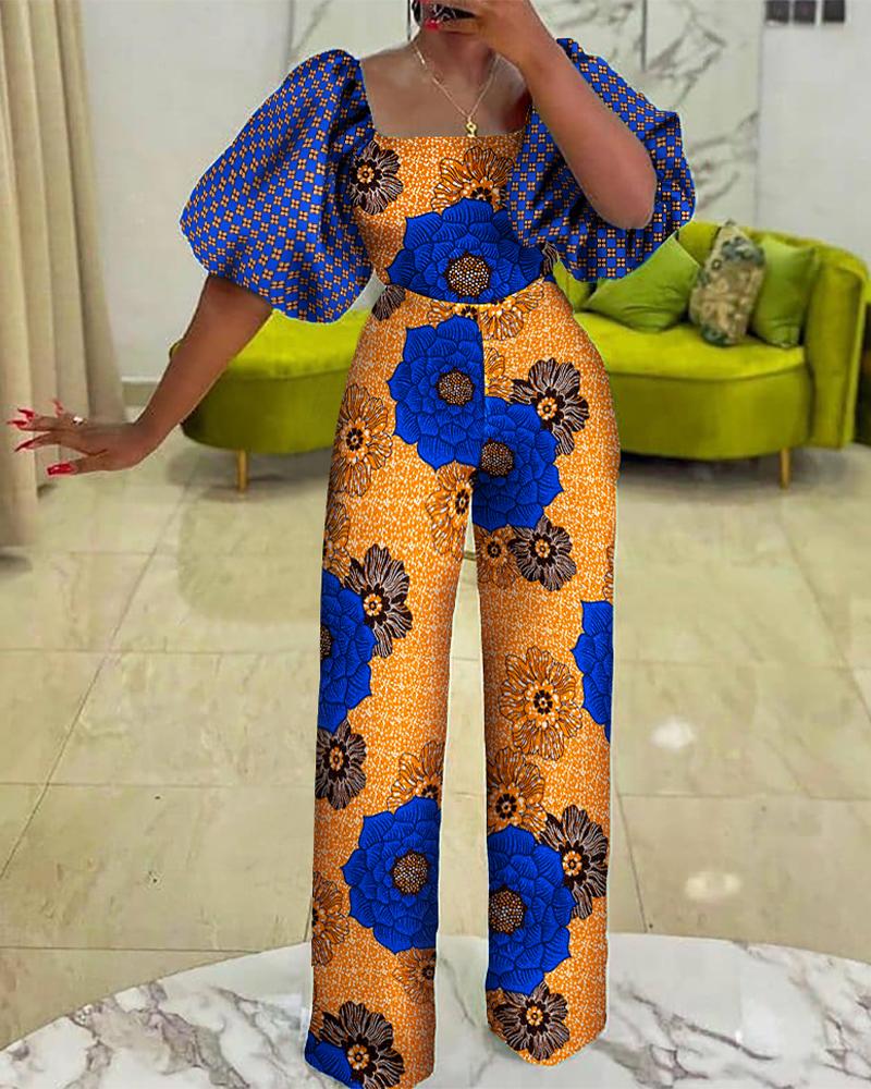 

Floral Print Puff Sleeve Straight Leg Jumpsuit, Multicolor