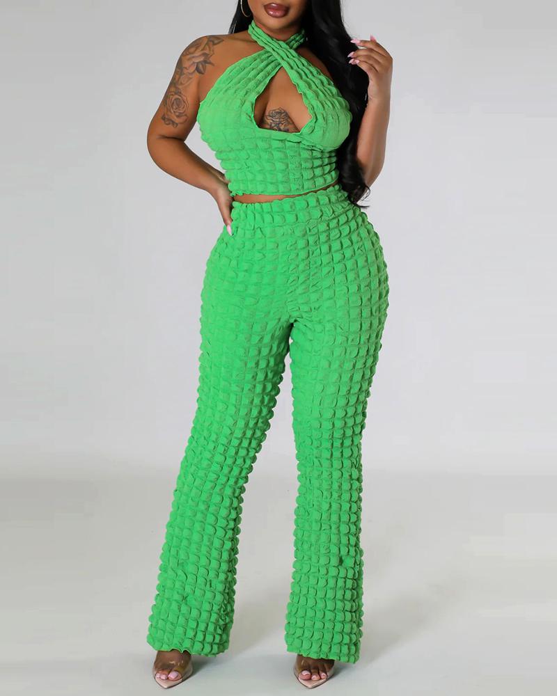 

Cross Halter Bubble Textured Crop Top & Pants Set, Green