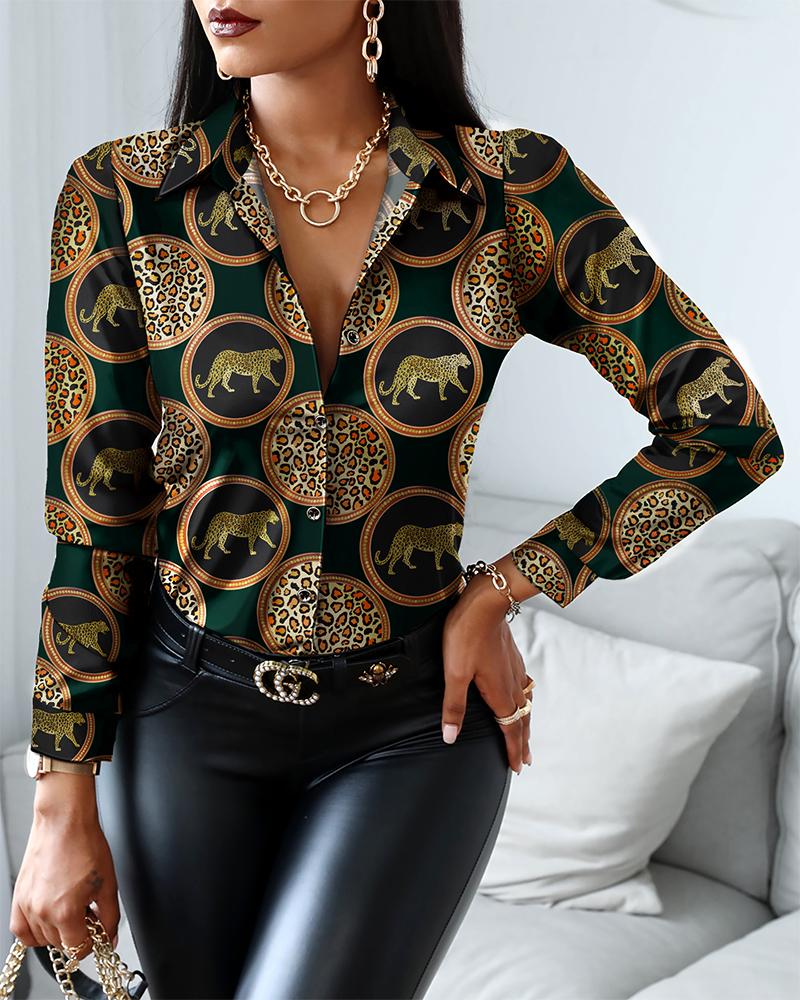 

Leopard Print Buttoned Long Sleeve Shirt, Green