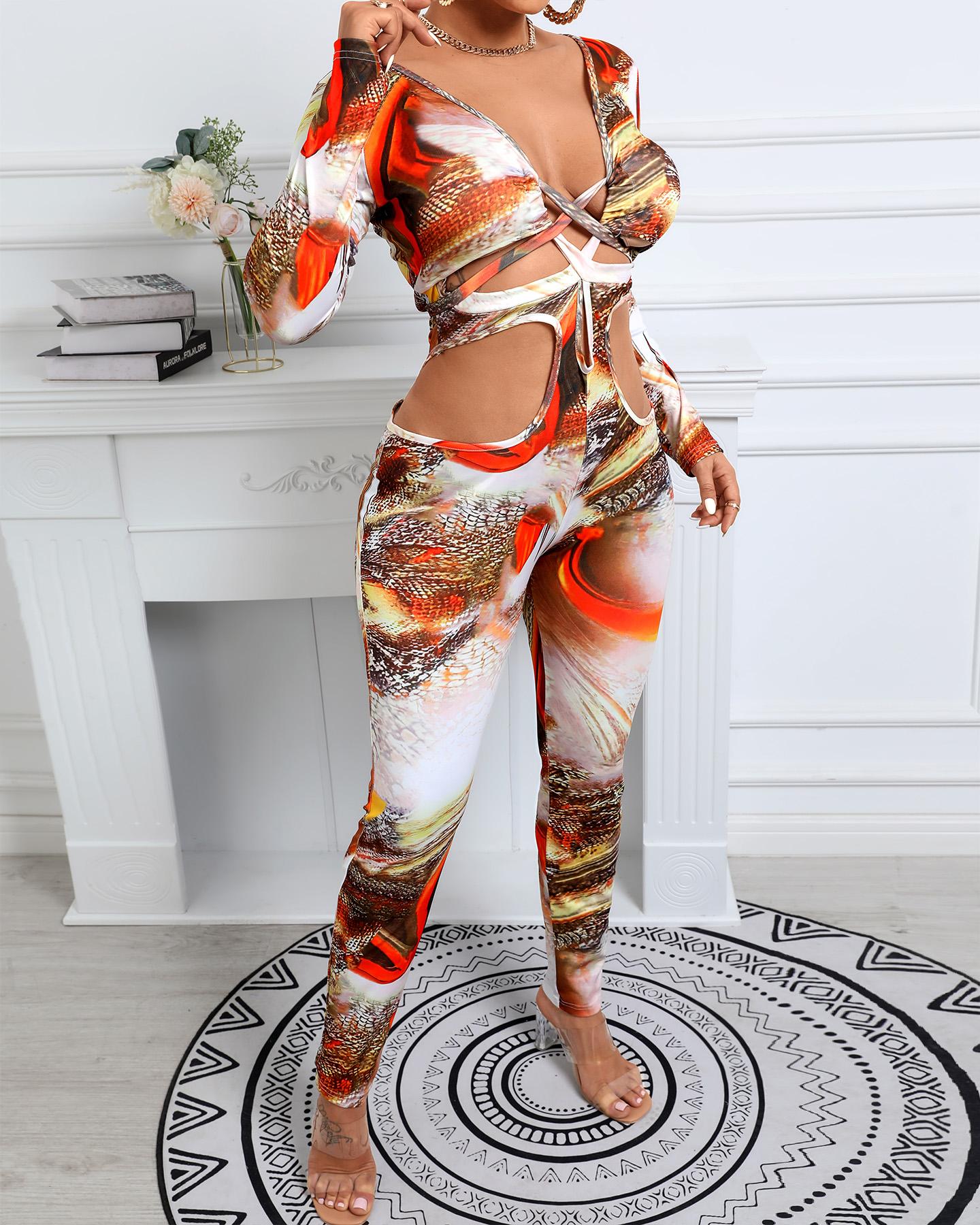 

All Over Print Cut-out Long Sleeve Lace-up Jumpsuit, Orange