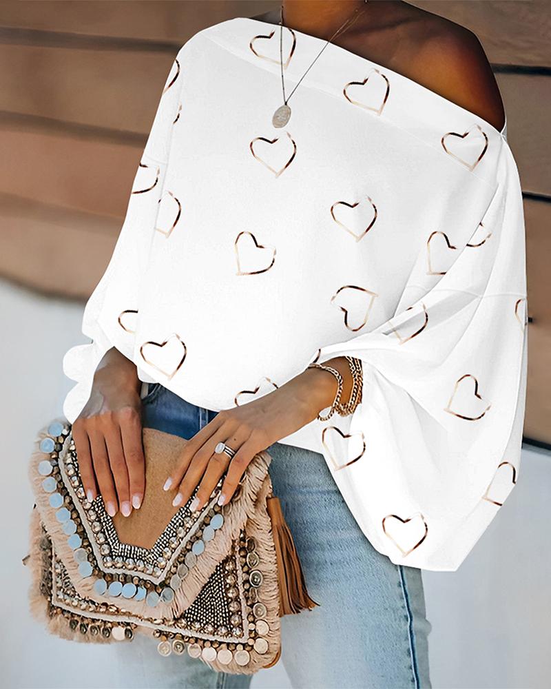 

Heart Print Lantern Sleeve Skew Neck Top, White