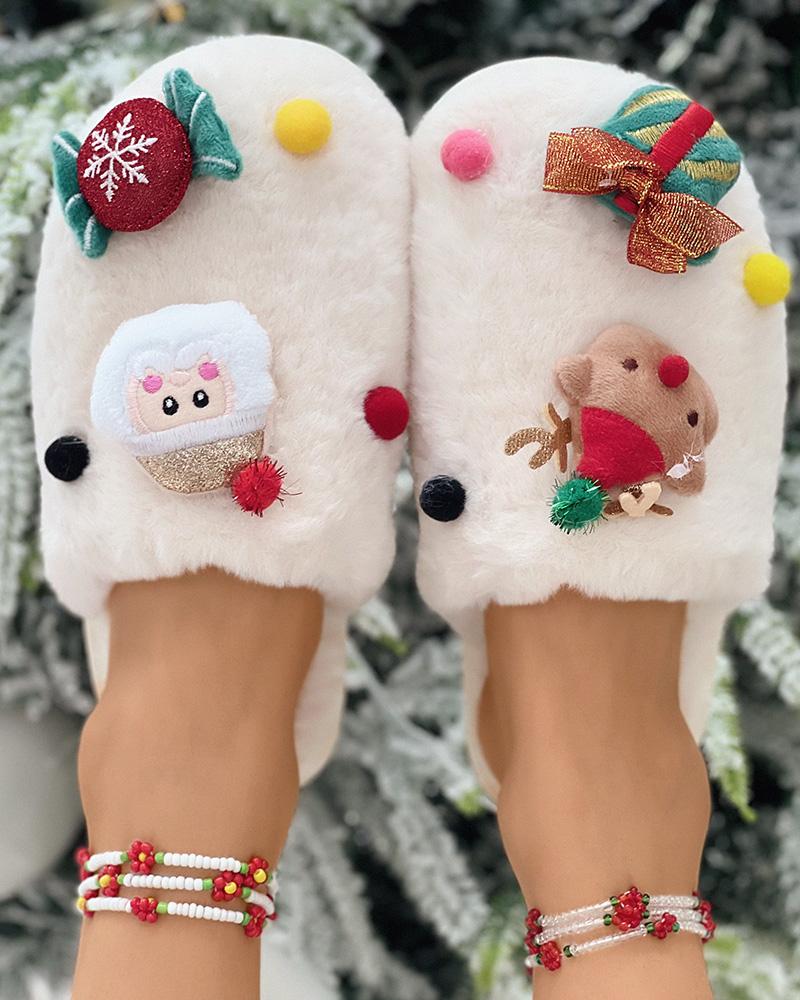 

Christmas Tree Santa Elk Cartoon Pattern Fuzzy Slippers, Beige