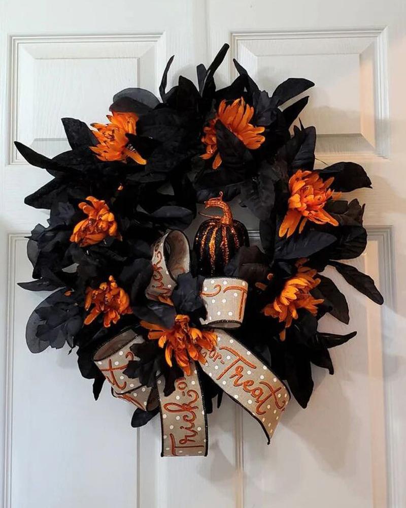 

Halloween Fall Wreath Autumn Harvest Wreaths With Maple Leaf Pumpkin Garland Front Door Thanksgiving Festival Decoration Ornaments, Black