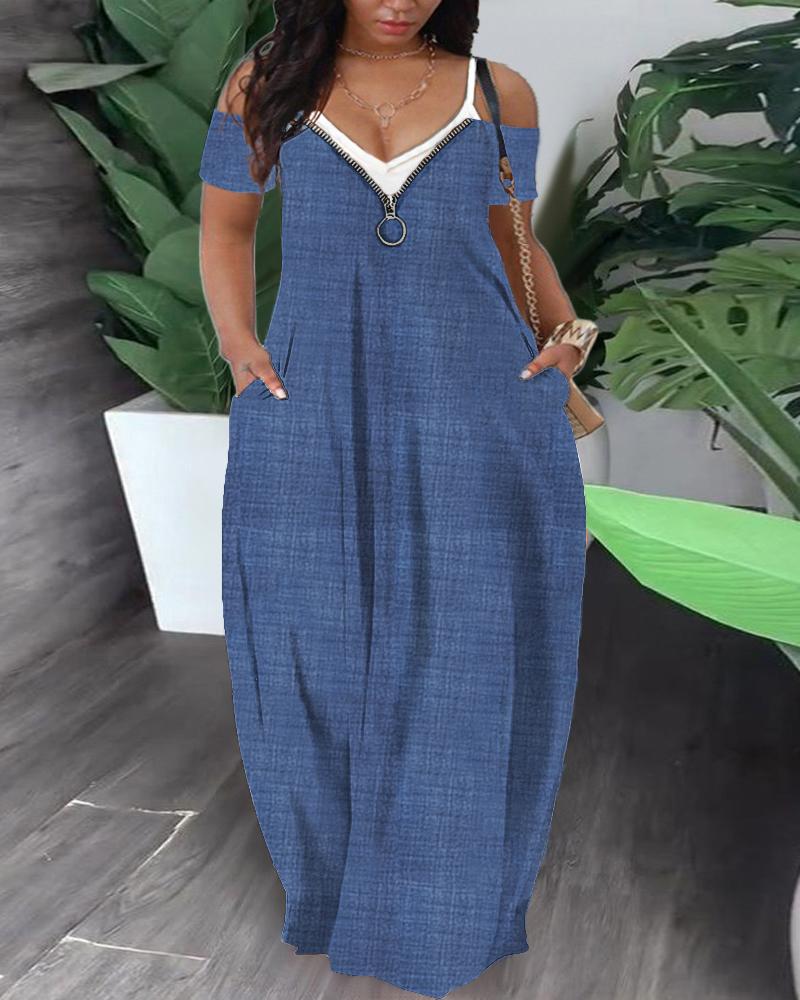 

Plus Size Fake Two Piece Cold Shoulder Maxi Dress, Blue