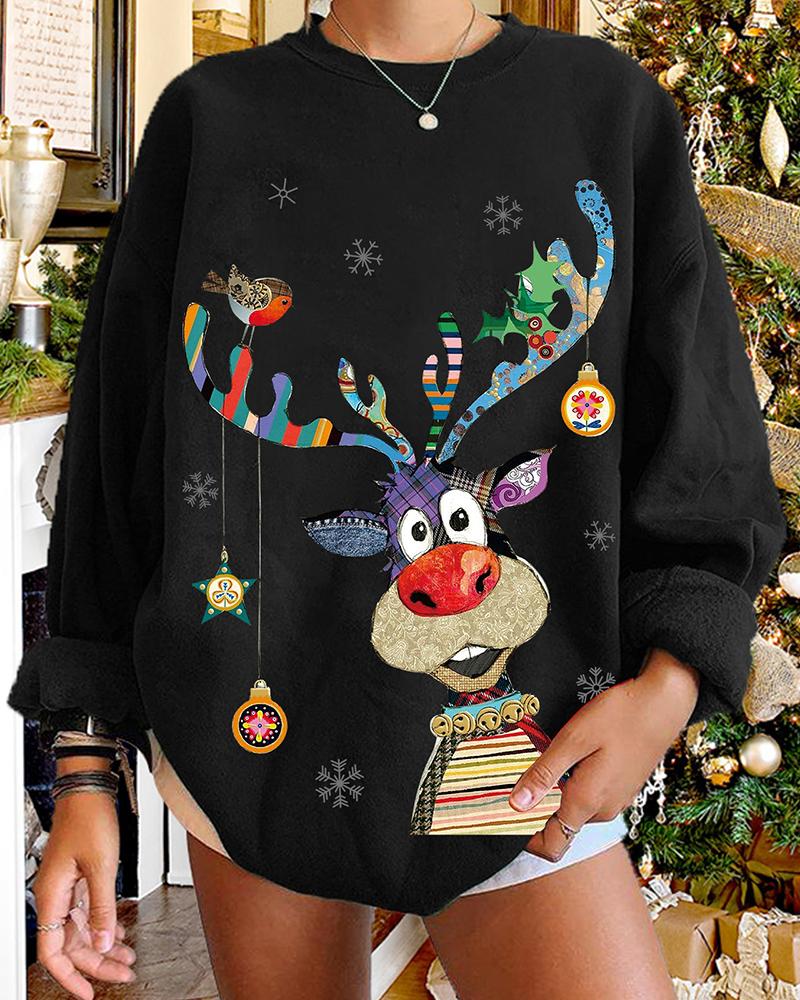 

Christmas Elk Print Long Sleeve Sweatshirt, Black