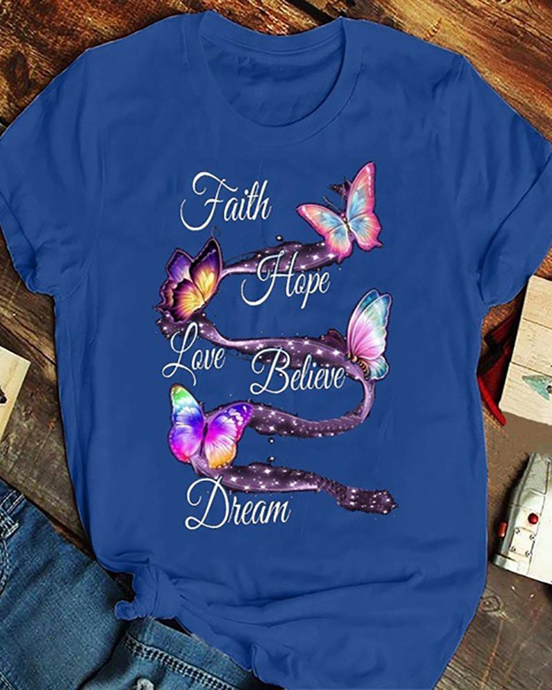

Letter Butterfly Print Short Sleeve T-shirt, Dark blue