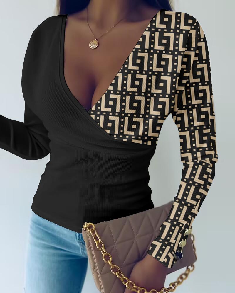 

Geometric Print Long Sleeve Ribbed Top, Black