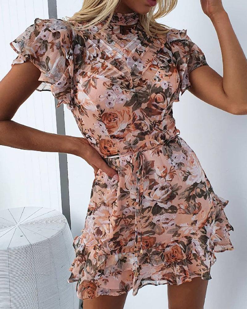 

Floral Print Ruffle Hem Tied Detail Mock Neck Dress, Pink