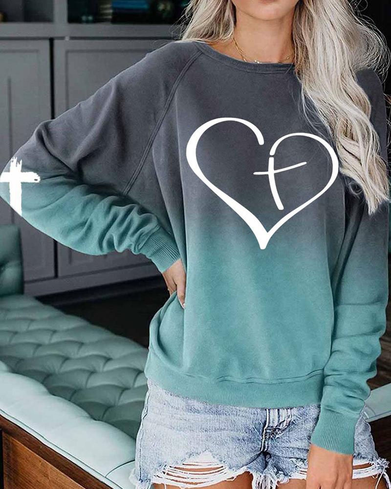 

Ombre Letter Heart Print Raglan Sleeve Sweatshirt, Green