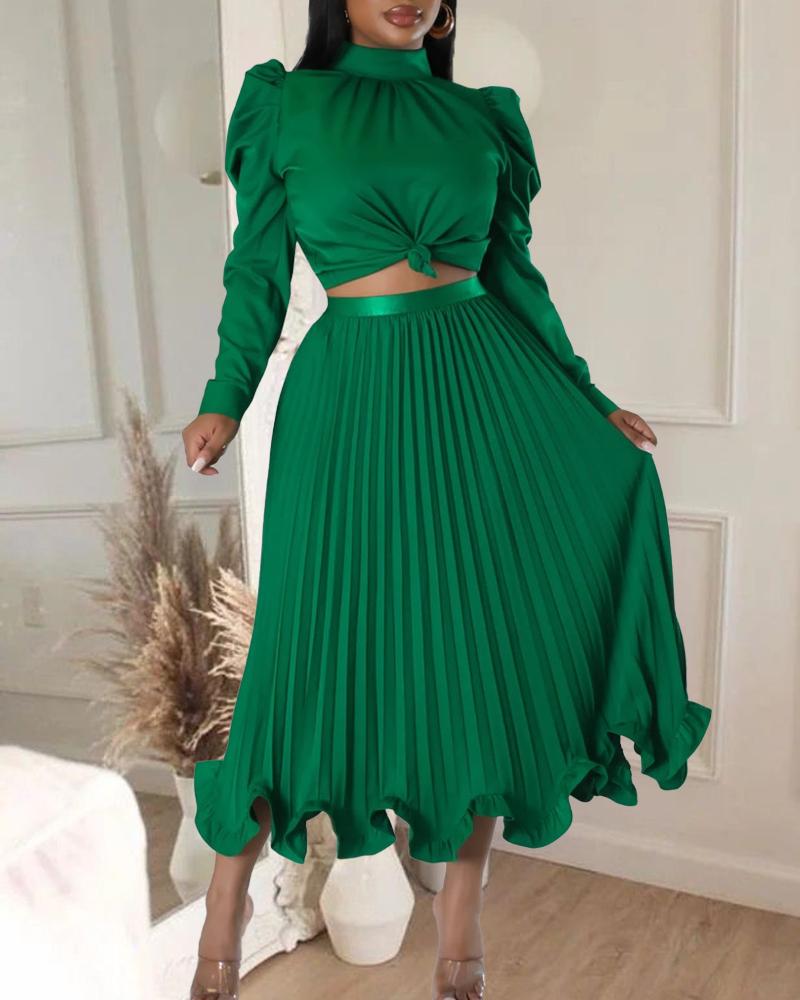 

Puff Sleeve Top & Pleated Ruffle Hem Skirt Set, Green