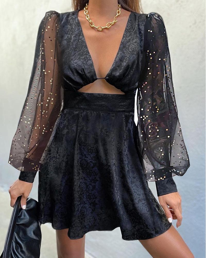 

Puff Lantern Sleeve Floral Pattern Cutout Dress, Black