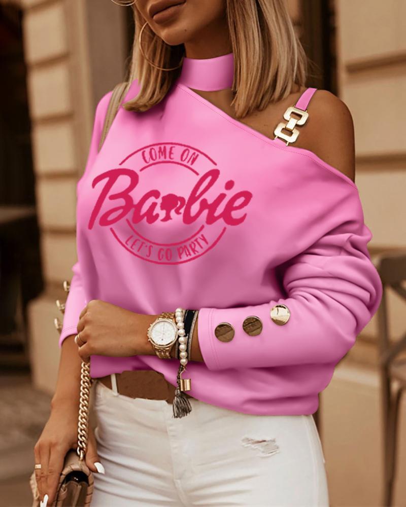 

Come On Barbie Let' Go Party Print Cold Shoulder Top, Pink