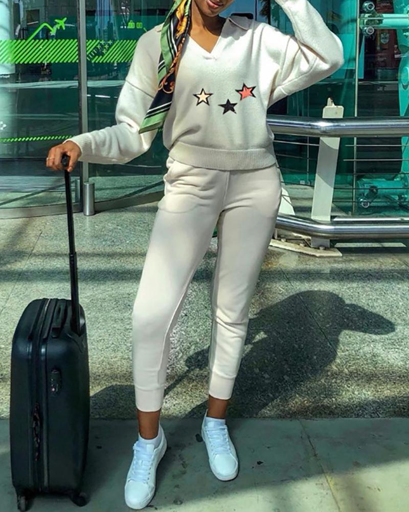 

Star Print Long Sleeve Top & Pants Set, White