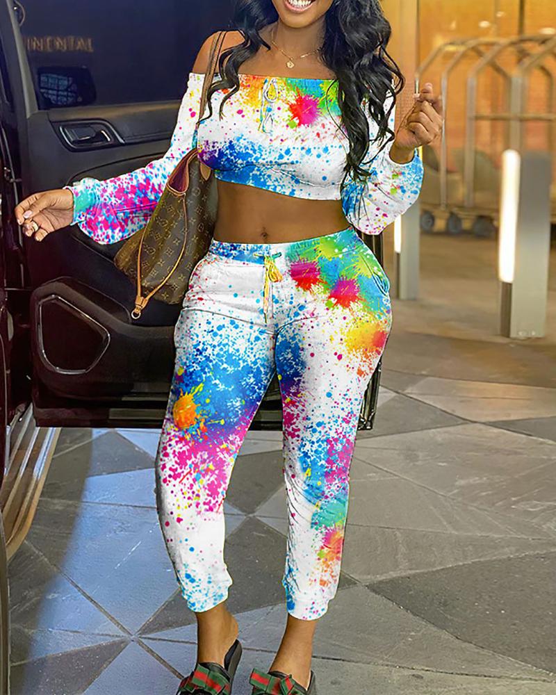 

Off Shoulder Ink Splash Print Crop Top & Drawstring Pants Set, White
