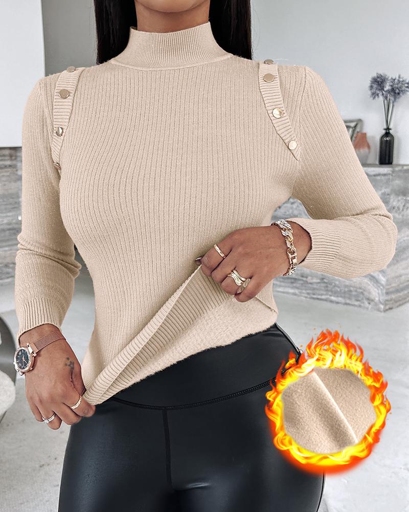 

High Neck Knit Sweater Fleece Lined Front Button Basic Layering Soft Thermal Top, Light khaki