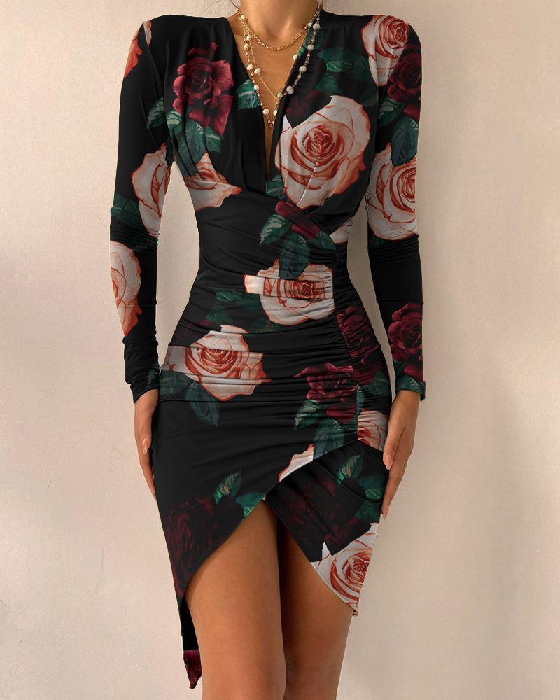 

Floral Print Asymmetrical Ruched Long Sleeve Party Dress, Black