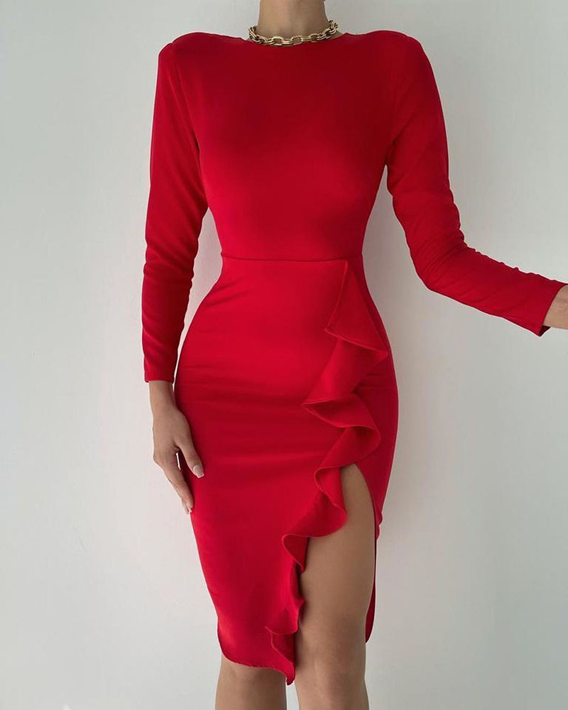 

Long Sleeve Slit Ruffles Bodycon Dress, Red