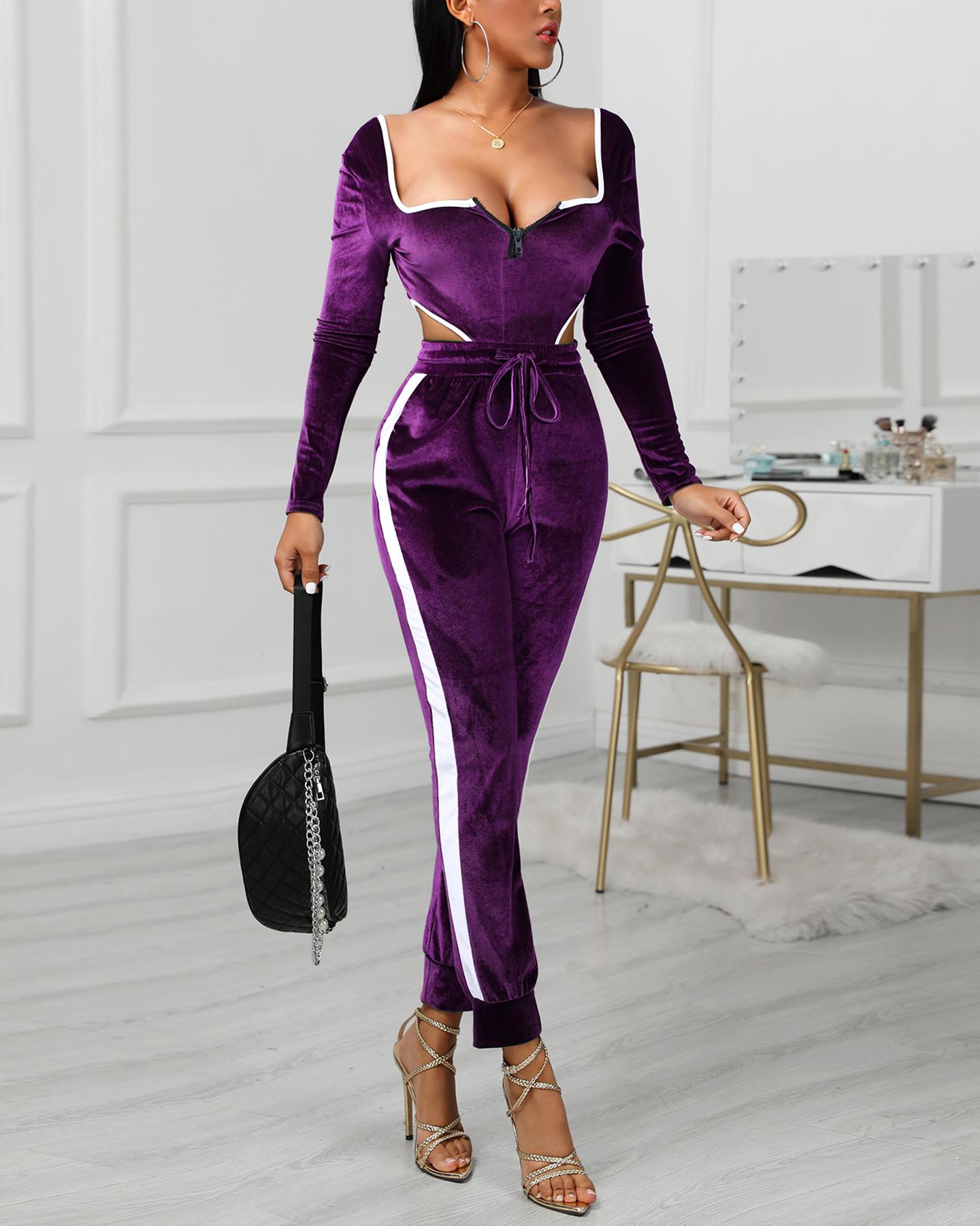 

Colorblock Zipped Drawstring Design Backless Jumpsuit, Purple