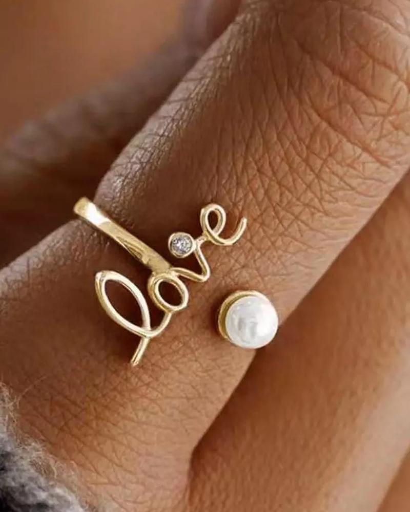 

1pc Valentine's Day Love Pearl Rhinestone Open Ring, Gold