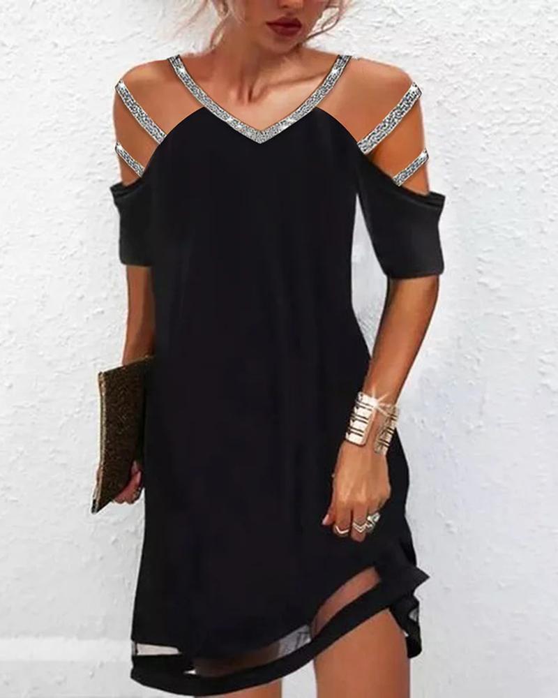 

Cold Shoulder Rhinestone Sheer Mesh Patch Casual Dress, Black