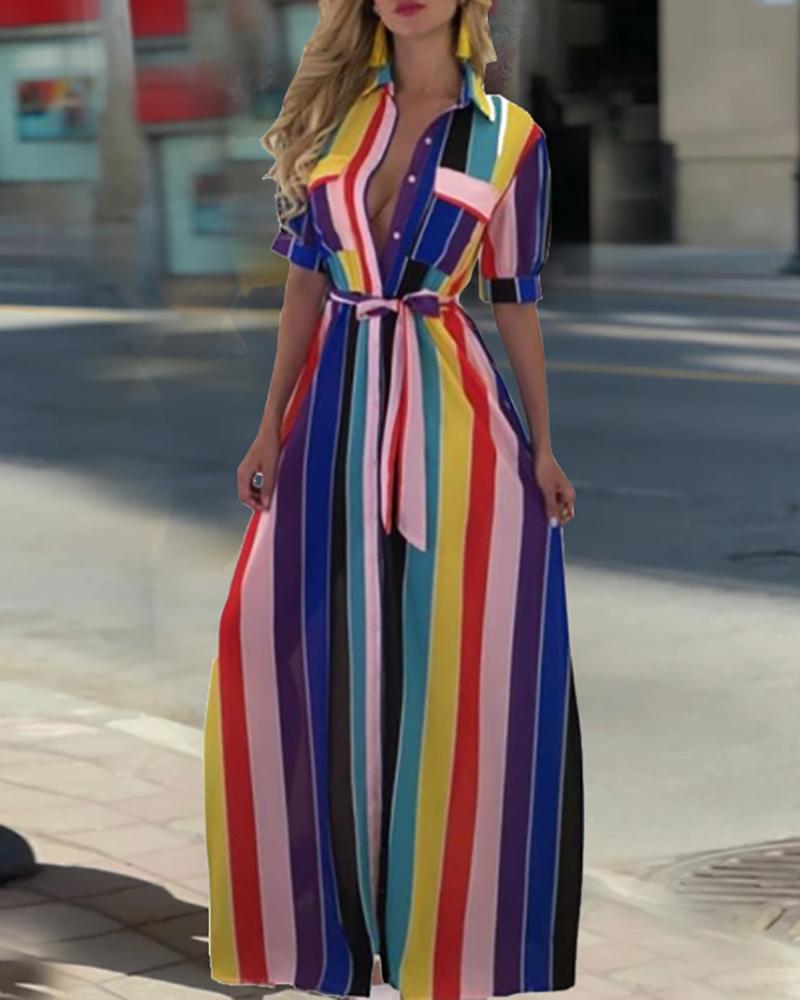 

Striped Colorblock Button Pocket Design Shirt Dress, Multicolor